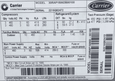Carrier 150 ton Chiller Label